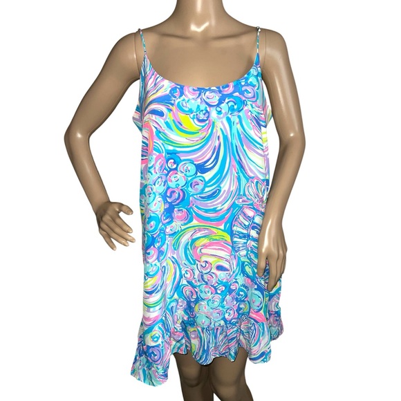 𝐋𝐈𝐋𝐋𝐘 𝐏𝐔𝐋𝐈𝐓𝐙𝐄𝐑 | SILK RUFFLE HEM COLORFUL DRESS - Picture 2 of 9